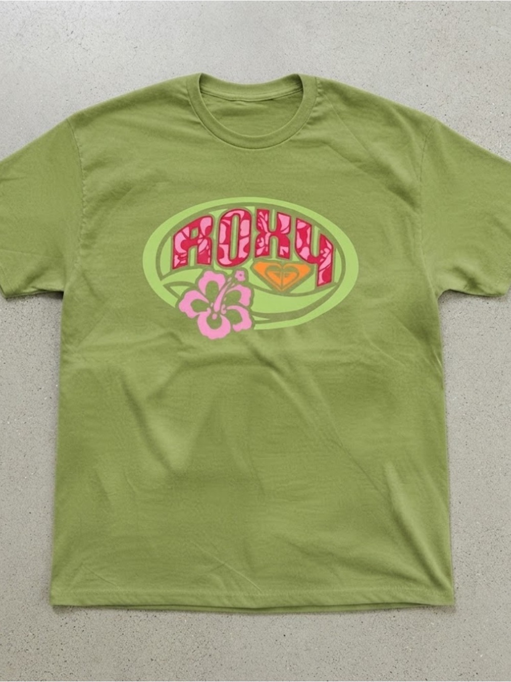 Roxy Green Tee with Pink Floral Logo Graphic Gildan T-shirt